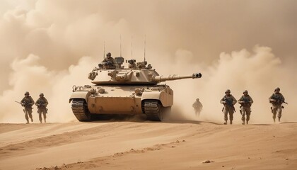 A group of soldiers positioned on a desert hill during a sandstorm, struggling to stay steady against the harsh winds and flying sand, as a military tank approaches them
