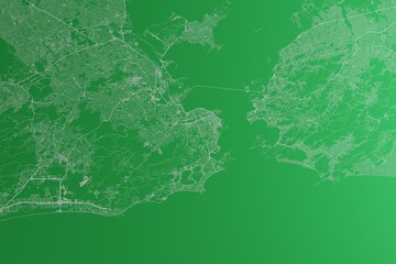 Map of the streets of Rio de Janeiro (Brazil) made with white lines on green paper. Rough background. 3d render, illustration