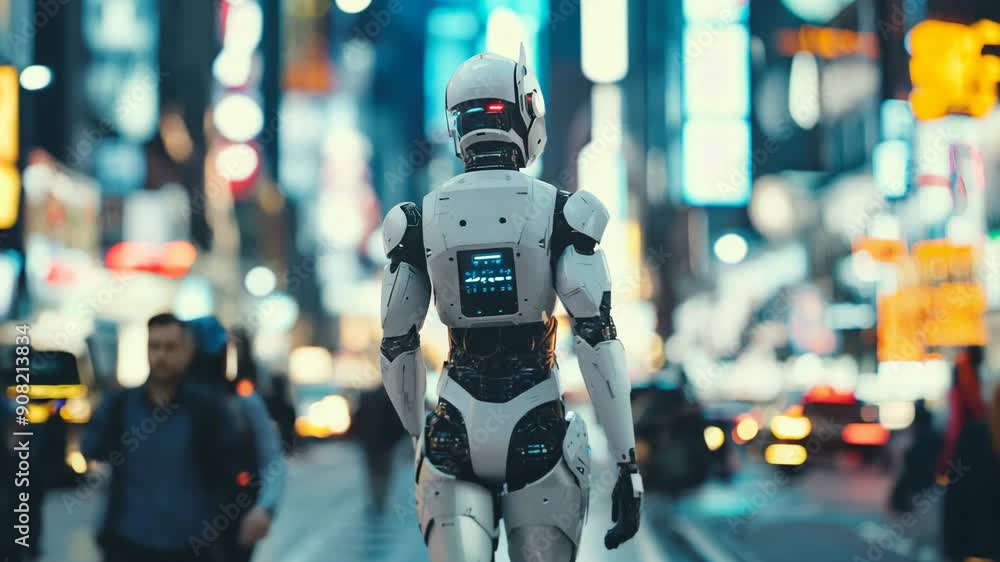 Poster humanoid robots walking in cyberpunk city. future ai technology, artificial intelligence concept. fu
