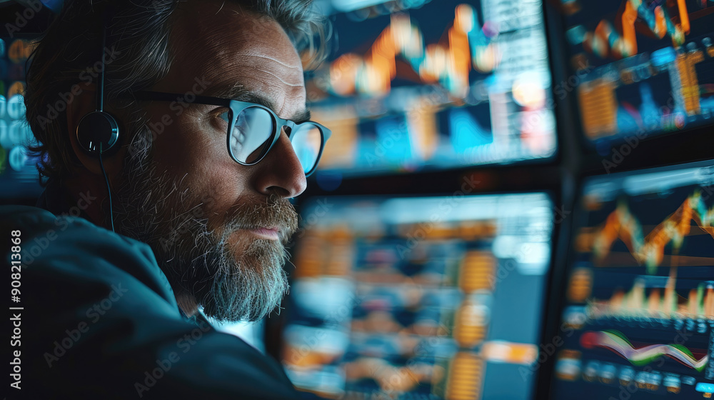 Poster Man trading stock in front of professional stock exchange computer. Generative AI.