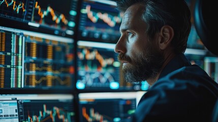 Man trading stock in front of professional stock exchange computer. Generative AI.