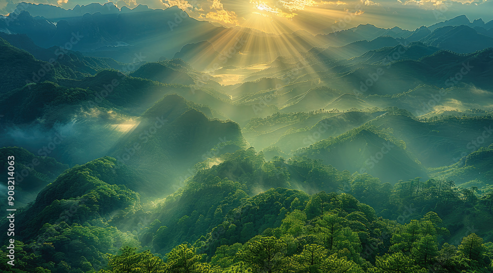 Poster majestic view of a serene mountain range with rolling hills in the foreground, partially shrouded in