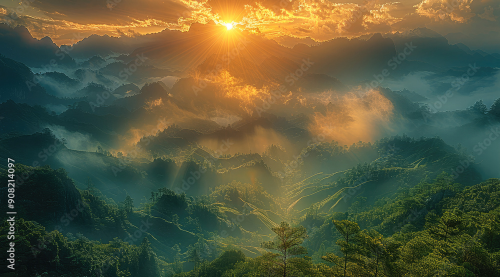 Poster majestic view of a serene mountain range with rolling hills in the foreground, partially shrouded in