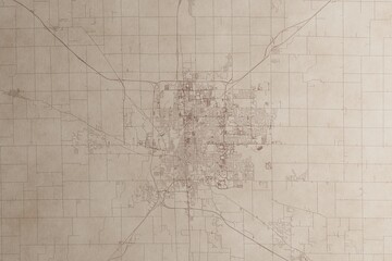 Obraz premium Map of Bloomington (Illinois, USA) on an old vintage sheet of paper. Retro style grunge paper with light coming from right. 3d render