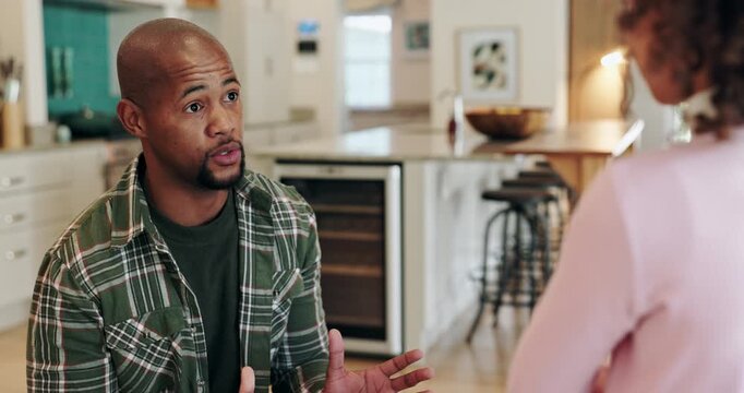 Home, black man and talking to child in kitchen, parenting and explaining rules of school to daughter. House, African dad and discussion with kid for bad behaviour in classroom, tantrum and father
