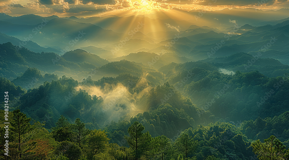 Poster majestic view of a serene mountain range with rolling hills in the foreground, partially shrouded in