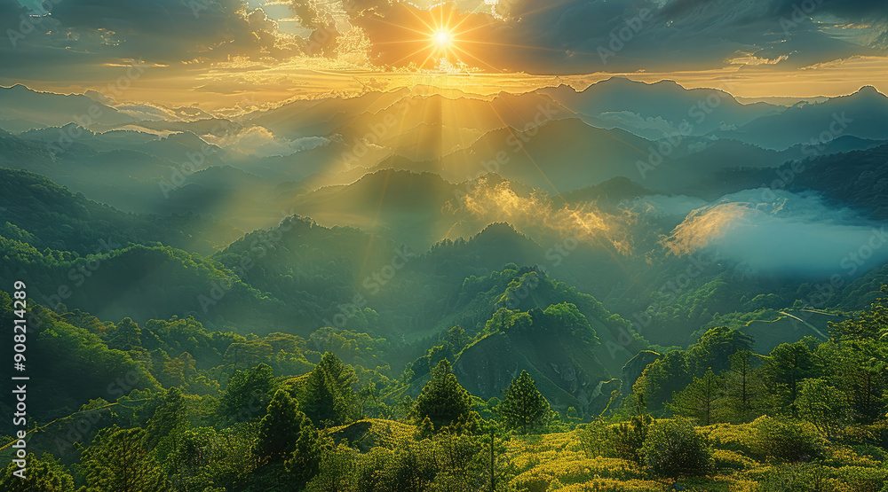 Poster majestic view of a serene mountain range with rolling hills in the foreground, partially shrouded in