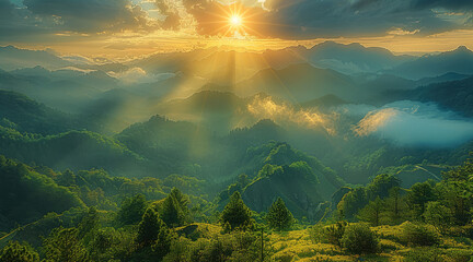 Majestic view of a serene mountain range with rolling hills in the foreground, partially shrouded in mist and clouds, sun rising, brilliant rays of light pierce through the cloud cover. Generative AI.