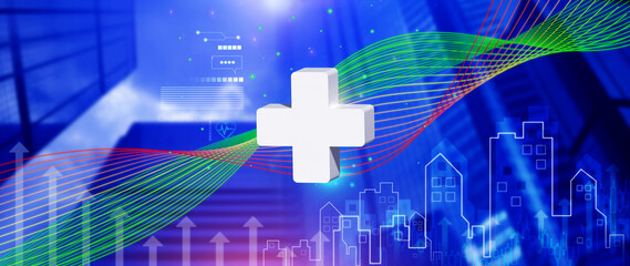 Plus icon for health care medical, with medical network connection, People health care awareness rising growth of medical health and life insurance business.