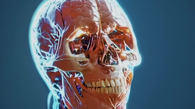 A detailed model of a human skull showcasing the brain, muscles, and bones. The realistic anatomical structure is set against a dark background, emphasizing educational and medical purposes.