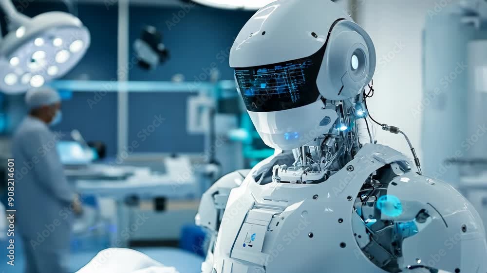 Poster futuristic assistant robot in surgery. future ai technology, artificial intelligence concept. roboti