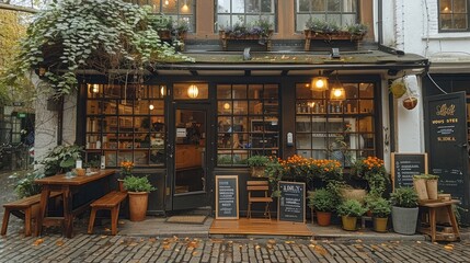 A cozy and inviting coffee shop exterior with large windows, potted plants on the window sills, wooden tables outside. Generative AI.