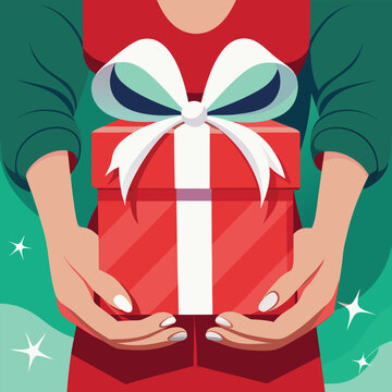 person holding a gift. person with gift. person with box. a womans hands holding a red gift box with a whit
