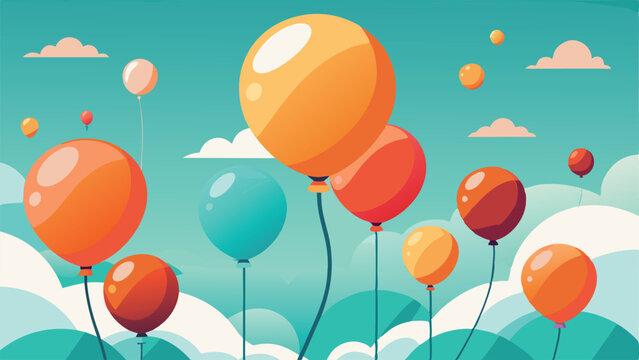 balloons floating in the sky with clouds, coral orange and turquoise balloons rising in the  sky.