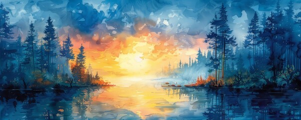 Obraz premium Watercolor abstract evening reflections in forest with moonlight on white.