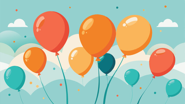 balloons floating in the sky with clouds, coral orange and turquoise balloons rising in the  sky.