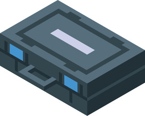 Isometric illustration of a black plastic tool box with metal clasps