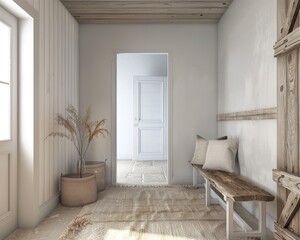 Lake House Interior Design with Scandinavian Furniture in Hallway Antechamber