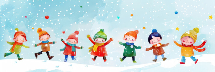 Fototapeta premium World Children's Day. Cheerful children in winter clothes on snow background. Post. Greeting Card, Celebration Flyer. Flat illustration. Horizontal banner. Copy space. Happy Friendship Day.