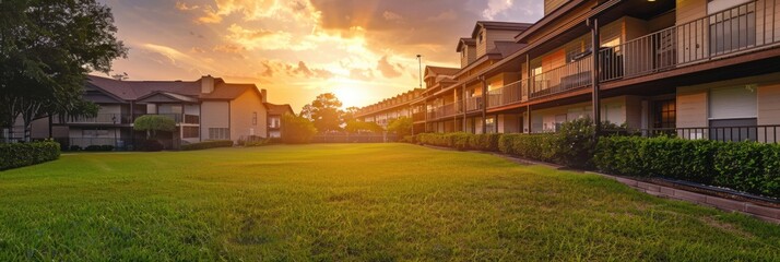 Fototapeta premium Texas Apartment. Stunning Sunset View from Grass Backyard of Suburban Architecture in America