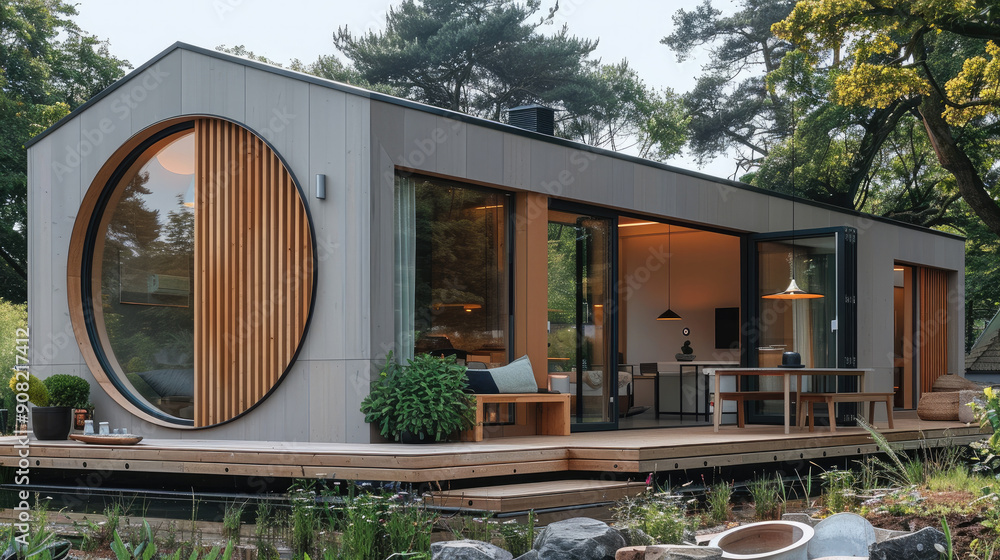 Poster A modern, small house with vertical slats on the gable roof and a large round window in front of an outdoor dining area. The exterior walls feature light grey vertical paneling. Generative AI.
