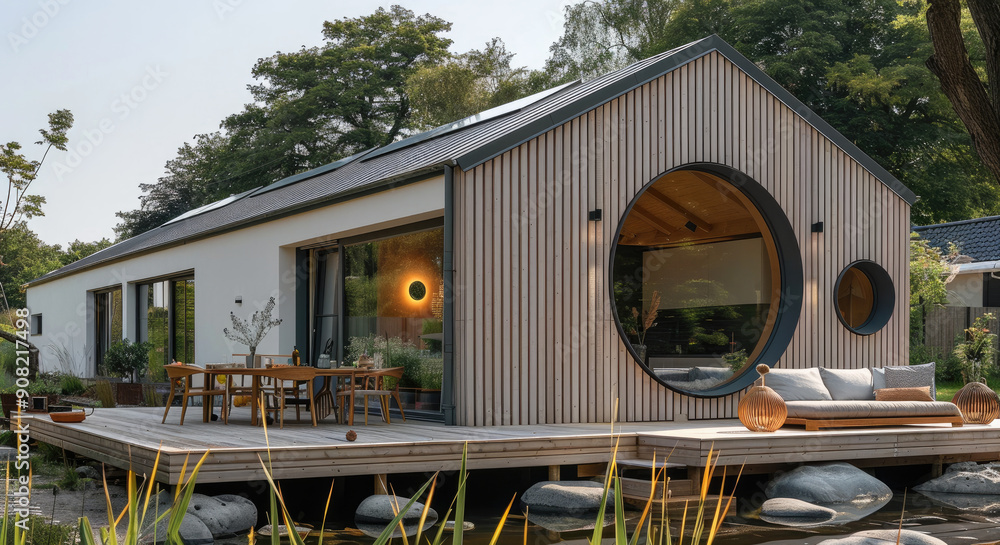 Poster a modern, small house with vertical slats on the gable roof and a large round window in front of an 
