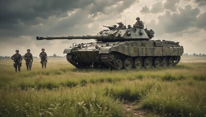 A camouflaged tank hidden among tall grass in a meadow, with soldiers beside it in uniforms blending with the terrain, creating a tense war atmosphere as they stay alert and ready for potential threat