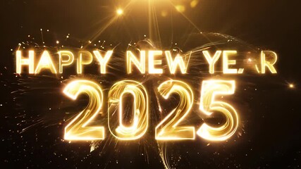 Golden shiny Happy New Year 2025 lettering animation. Christmas celebration concept. Animated text with sparkling effects. Greeting inscription