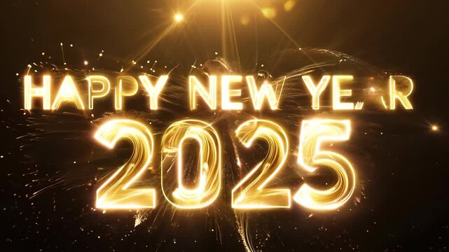 Golden shiny Happy New Year 2025 lettering animation. Christmas celebration concept. Animated text with sparkling effects. Greeting inscription