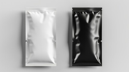 Black Sachet Mockup. Blank Packet Bag for Packing, Top View Isolated Design