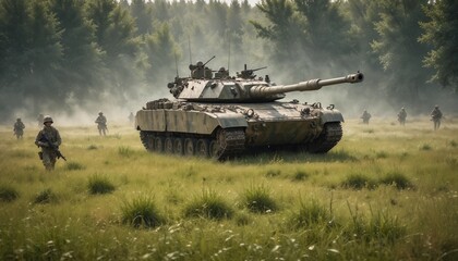 A camouflaged tank hidden among tall grass in a meadow, with soldiers beside it in uniforms blending with the terrain, creating a tense war atmosphere as they stay alert and ready for potential threat