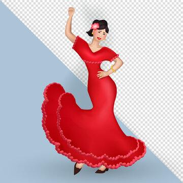 3d cartoon beautiful Spanish Woman in long scarlet dress and flower in her hair dancing flamenco on transparent background. Three dimensional cheerful female Flamenco dancer performing a choreography