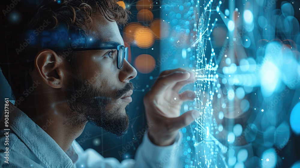 Poster business professional interacting with a holographic interface, highlighting futuristic technology a