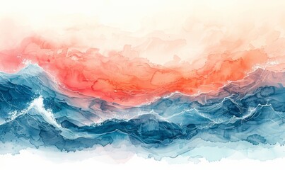 Obraz premium Abstract ocean waves at sunset in watercolor on a white backdrop.