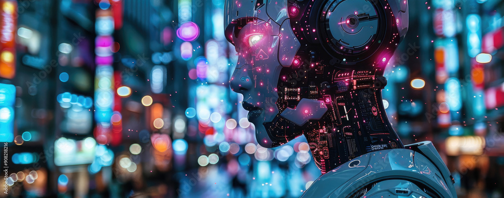 Poster a cybernetic human blending seamlessly with advanced technology in a neon-lit cityscape. generative 
