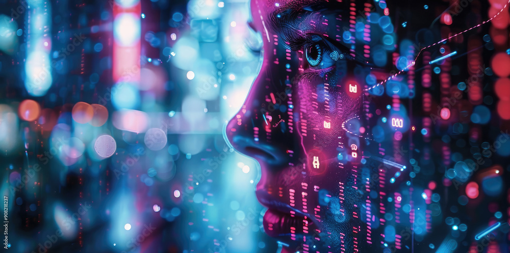 Poster a cybernetic human blending seamlessly with advanced technology in a neon-lit cityscape. generative 
