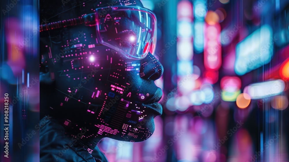 Aufkleber a cybernetic human blending seamlessly with advanced technology in a neon-lit cityscape. generative 