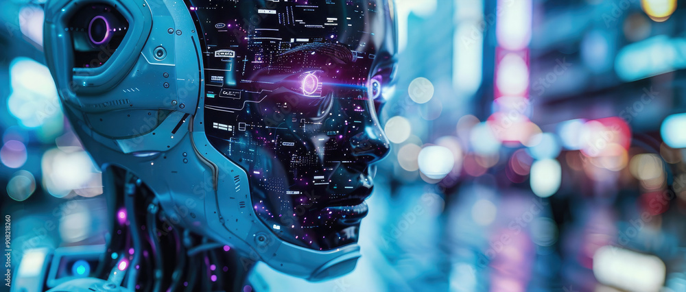 Aufkleber A cybernetic human blending seamlessly with advanced technology in a neon-lit cityscape. Generative AI.