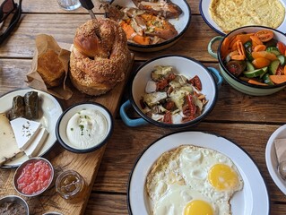 Israeli breakfast table. Israeli breakfast plate. Cafe in Israel. eggs, cheeses and condiments, fresh Israeli salads and bread.