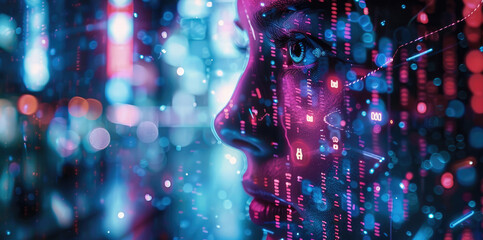 A cybernetic human blending seamlessly with advanced technology in a neon-lit cityscape. Generative AI.