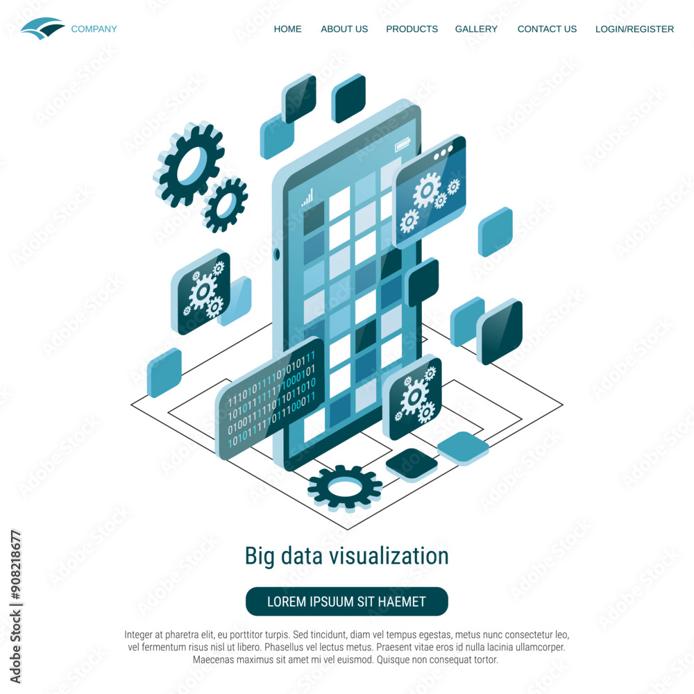 Poster big data visualization, information computing 3d isometric vector concept illustration