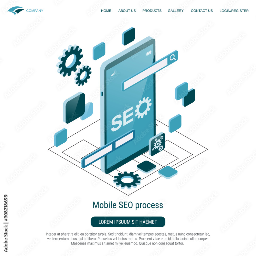 Wall mural Mobile SEO process, web search flat 3d isometric vector concept illustration