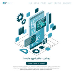 Mobile application coding flat 3d isometric vector concept illustration