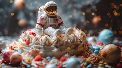 Astronaut cake for kids featuring astronauts in space with planets. Great for birthday projects. Extra space for text copy.