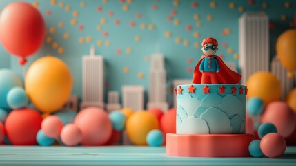 Superhero cake for kids featuring boy in a cape. Great for birthday projects. Extra space for text copy.