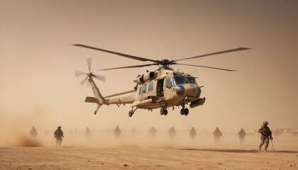 military helicopter arriving to pick up a group of special operations soldiers during a sandstorm in the Middle East.