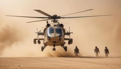 military helicopter arriving to pick up a group of special operations soldiers during a sandstorm in the Middle East.