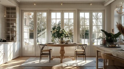 White, beige. Wooden floors, double doors, grid windows, dining table, open kitchen. Generative AI.
