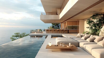 Fototapeta premium A open living room of an ultra-luxury mansion with outdoor sofa seating , coffee cup and candle on the table, beside a interior bar, overlooking an infinity pool and morning ocean. Generative AI.