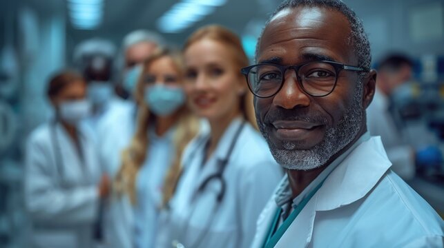 Ultra-clear shot of a diverse healthcare team, including both clinical and administrative staff, working together in a hospital, emphasizing their unity and dedication in a well-organized medical
